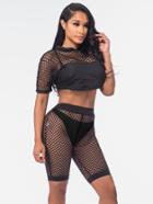 Shein Fishnet Crop Hooded Top With Capri Leggings