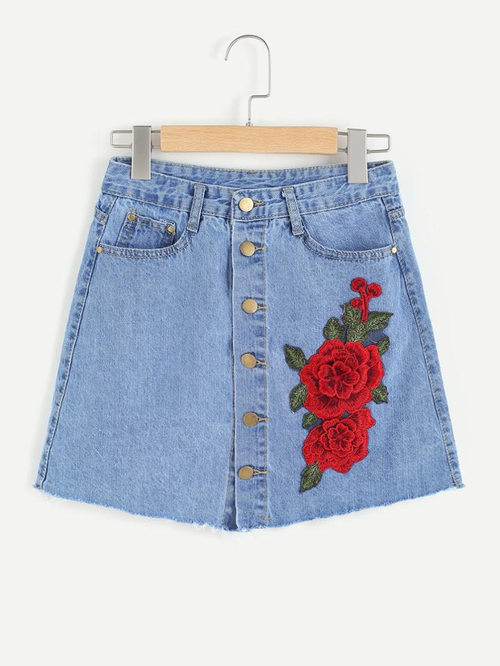 Shein Single Breasted Appliques Denim Skirt
