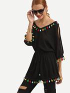 Shein Black Split Sleeve Colored Tassel Trim  Blouse