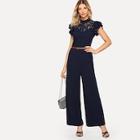 Shein Embroidered Ruffle Mock-neck Jumpsuit