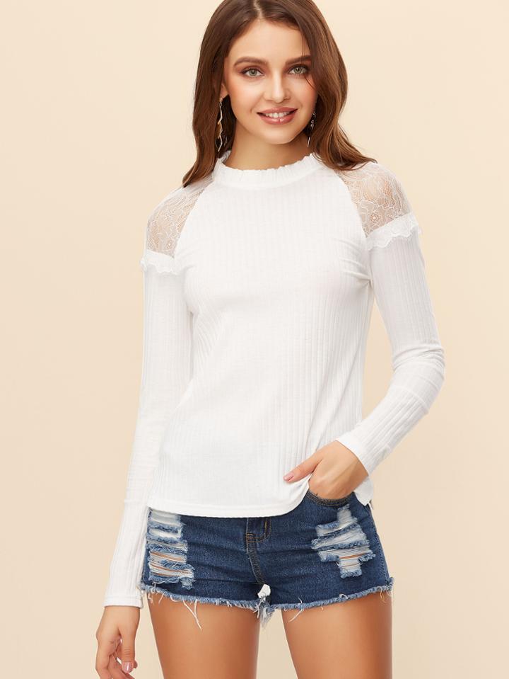 Shein White Lace Trim Keyhole Back Ribbed T-shirt