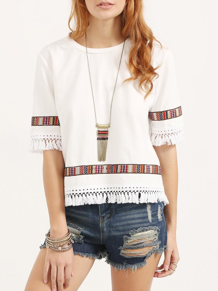 Shein Vintage Embroidered Fringe Elbow Sleeve Blouse
