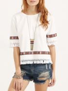 Shein Vintage Embroidered Fringe Elbow Sleeve Blouse