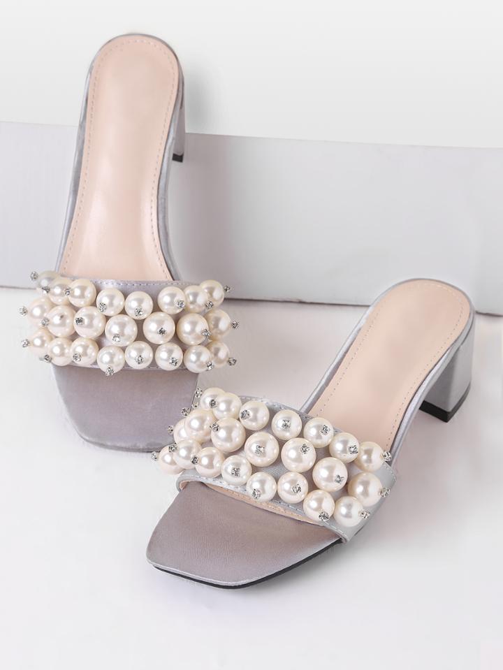 Shein Grey Faux Pearl Chunky Heeled Slip On Sandals