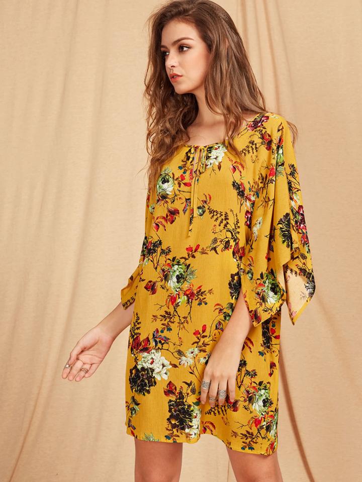 Shein Tie Neck Handkerchief Cape Sleeve Botanical Dress