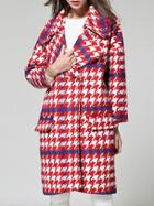 Shein Red Lapel Houndstooth Pockets Wool Coat