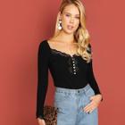 Shein Button Front Lace Ribbed Knit Tee