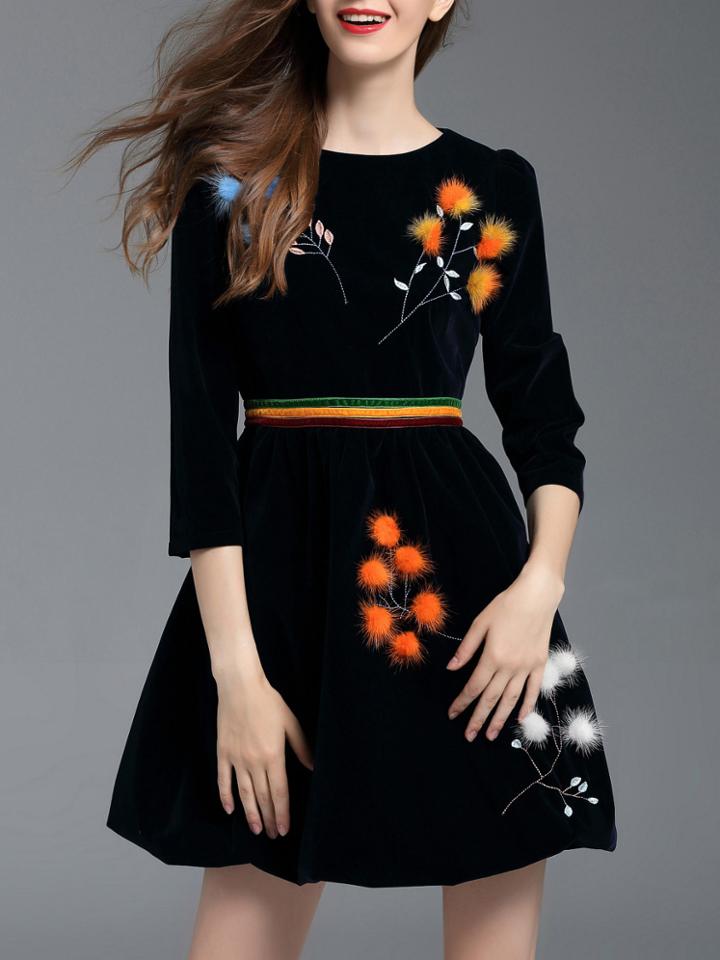 Shein Black Embroidered Velvet A-line Dress
