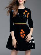 Shein Black Embroidered Velvet A-line Dress
