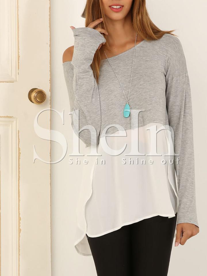 Shein Grey White Quilting Pane Colourblock Round Neck Color Block T-shirt