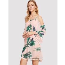 Shein Tassel Trim Cold Shoulder Tropical Dress
