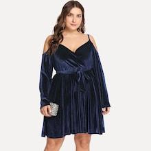 Shein Plus V Neck Solid Knot Front Velvet Dress