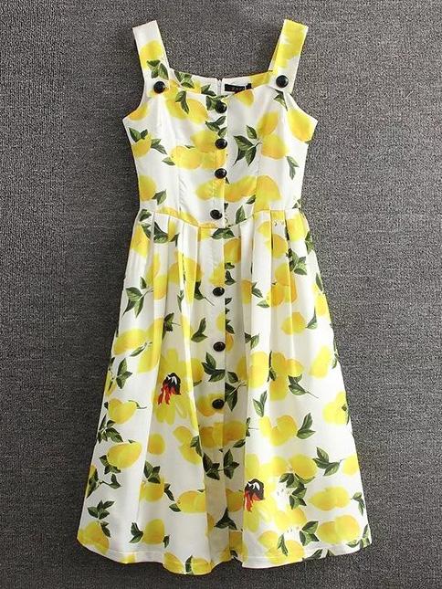 Shein Yellow Lemon Printed Button Skater Dress