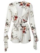 Shein White Floral Print Bow Tie Blouse With Shorts