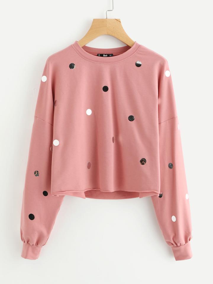 Shein Drop Shoulder Raw Edge Metal Disc Detail Sweatshirt