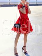 Shein Red Applique Mesh A Line Dress