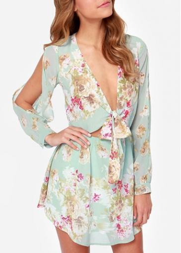Rosewe European Style Deep V Neck Long Sleeve Floral Dress