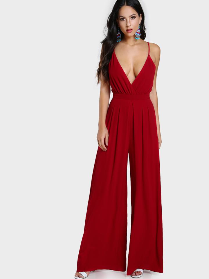 Shein Surplice Front Box Pleated Culotte Leg Cami Jumpsuit