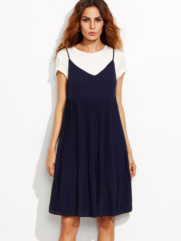 Shein Navy Spaghetti Strap V Neck Pleated Shift Dress