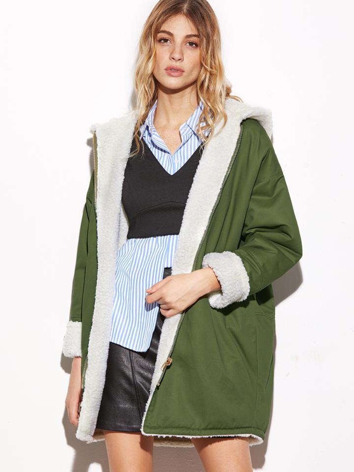 Shein Drop Shoulder Zipper Back Sherpa Lined Hooded Coat