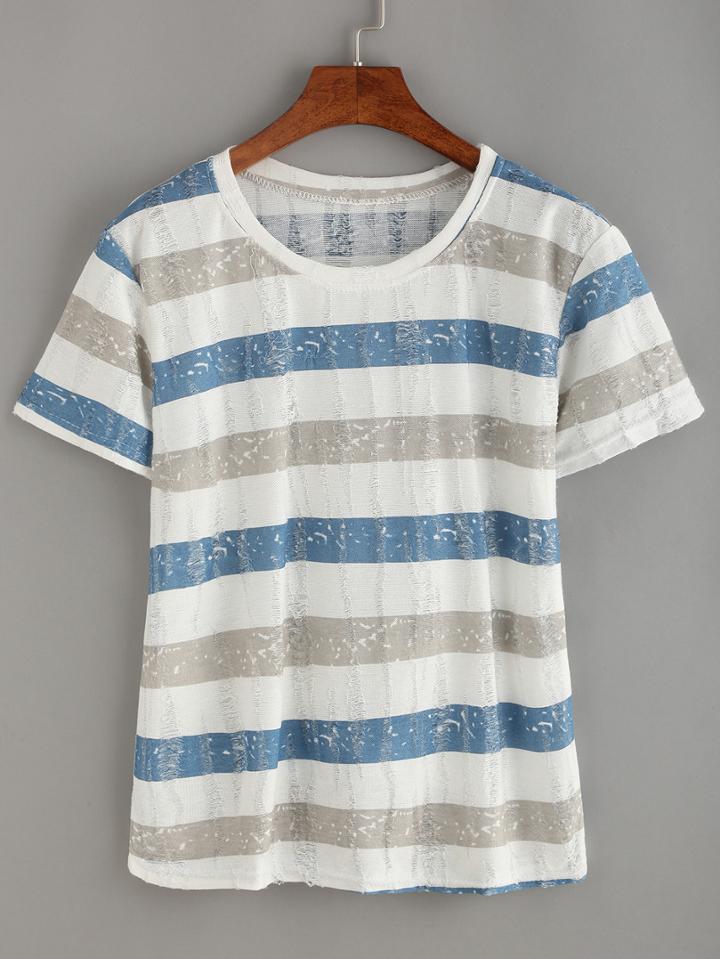 Shein Grey & Blue Striped Frayed T-shirt
