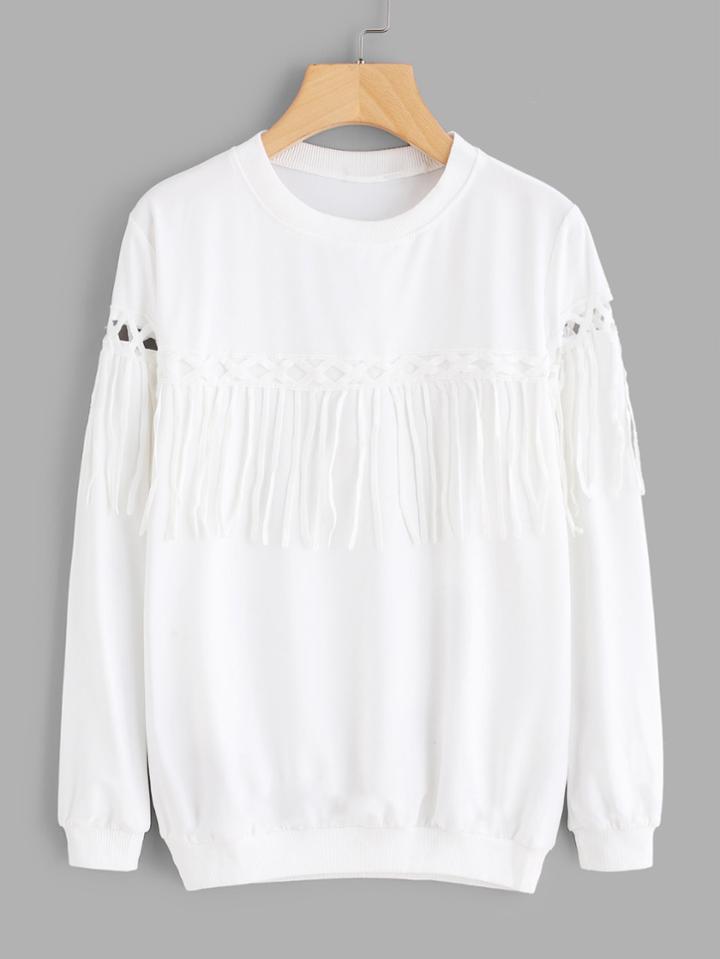 Shein Hollow Out Lace Panel Fringe Sweatshirt