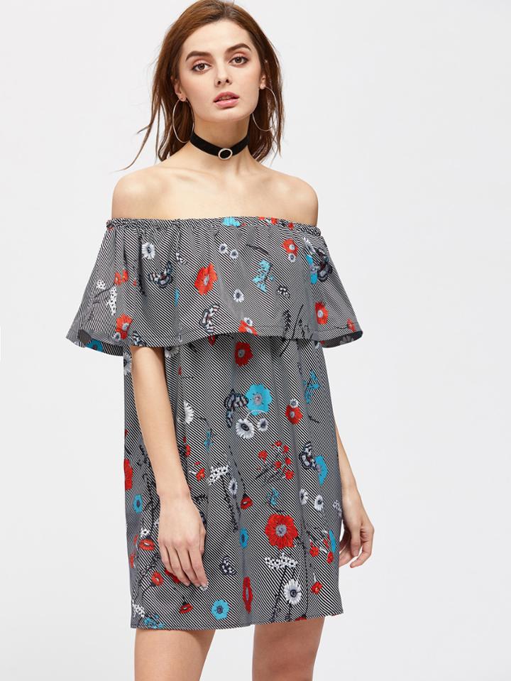 Shein Flower And Stripe Print Flounce Bardot Dress