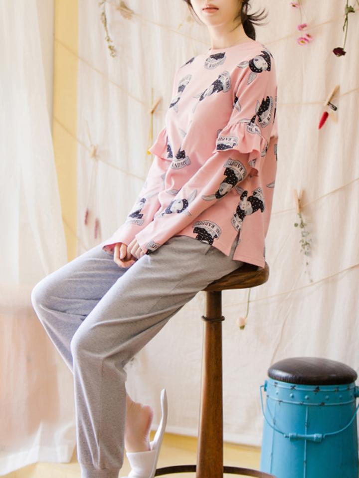 Shein Rabbit Print Ruffle Trim Tee & Pants Pj Set
