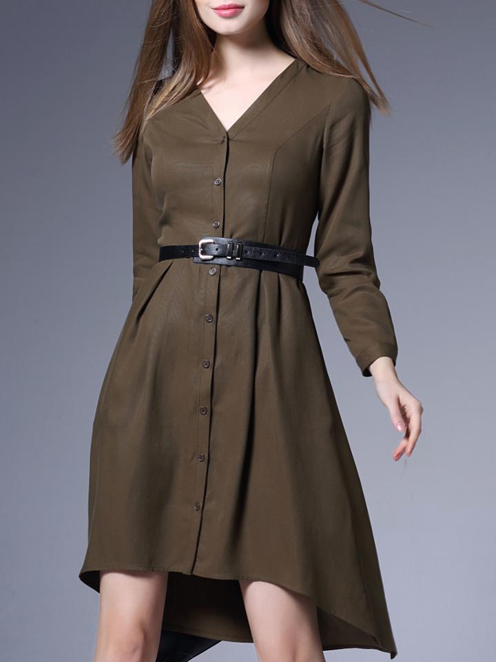 Shein Khaki V Neck Belted Pockets High Low Dress