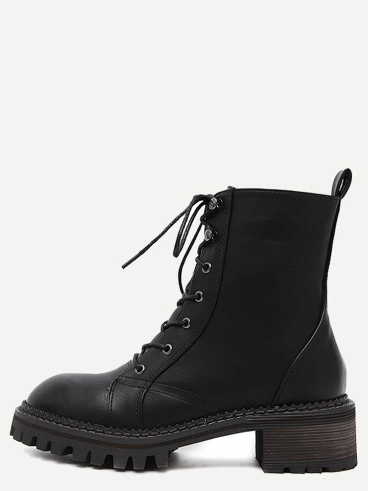 Shein Black Distressed Pu Round Toe Martin Boots