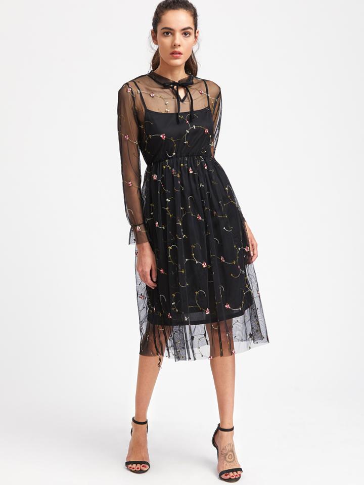 Shein Embroidered Tie Neck Mesh Cami Slip Dress