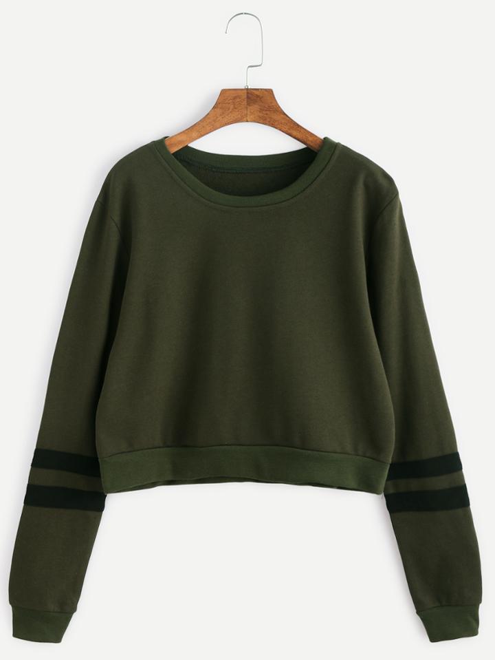 Shein Army Green Varsity Striped Crop Sweatshirt