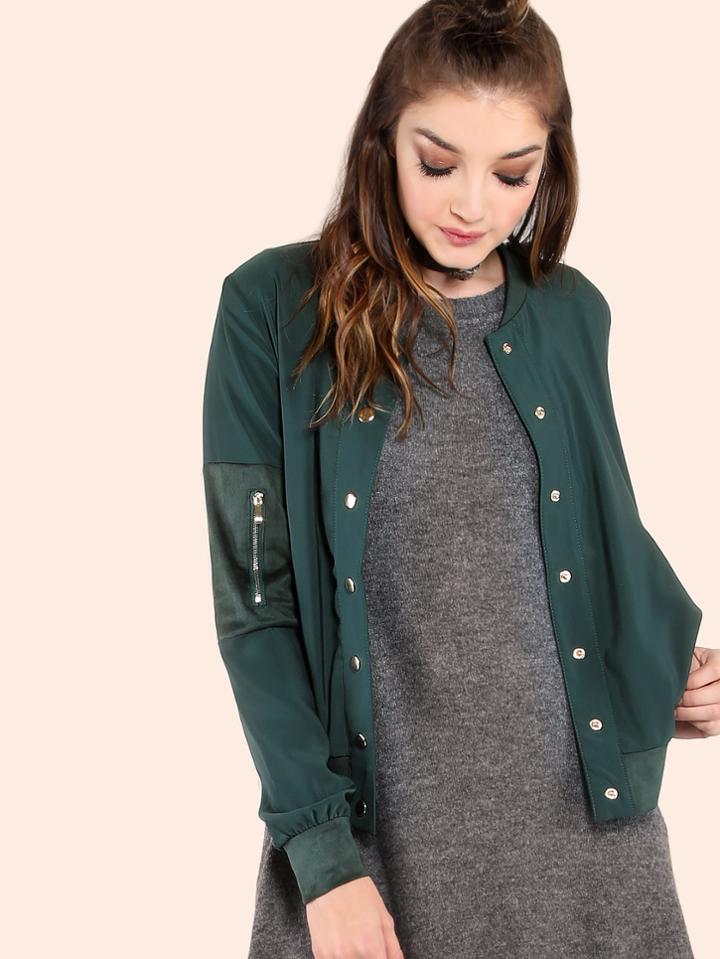 Shein Button Up Suede Contrast Bomber Jacket Hunter Green