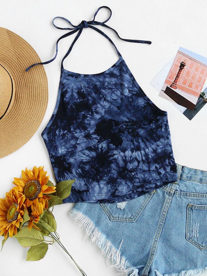 Shein Tie Dye Print Self Tie Halter Top