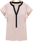 Shein Pink Ruffle Short Sleeve Shirred V-neck Blouse