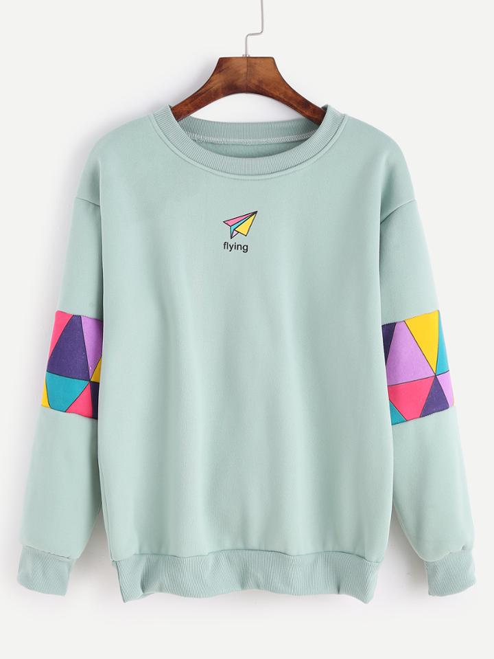 Shein Pale Green Patchwork Print Sweatshirt