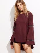 Shein Burgundy Bell Sleeve High Low Mesh Insert Top