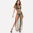 Shein Colorful Striped Split Hem Romper Without Lingerie Set