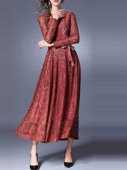Shein Mesh Tie-waist Lace Maxi Dress