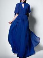 Shein Blue Mock Neck Backless Ruffle Maxi Dress