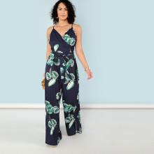 Shein Plus Jungle Leaf Print Self Belted Cami Jumpsuit