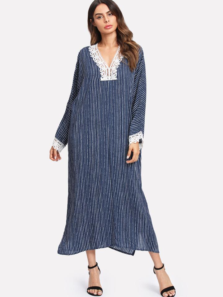 Shein Contrast Crochet Trim Split Side Striped Dress