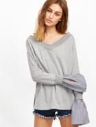 Shein Heather Grey Double V Neck Striped Cuff Sweatshirt