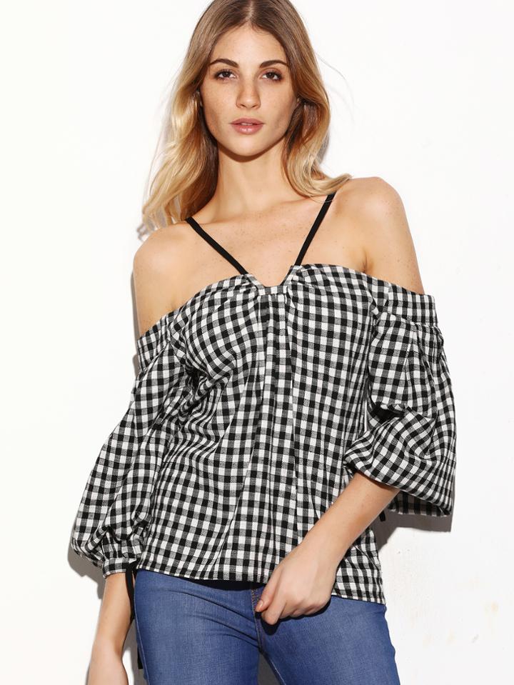 Shein Black And White Gingham Cold Shoulder Bell Sleeve Top