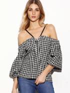 Shein Black And White Gingham Cold Shoulder Bell Sleeve Top