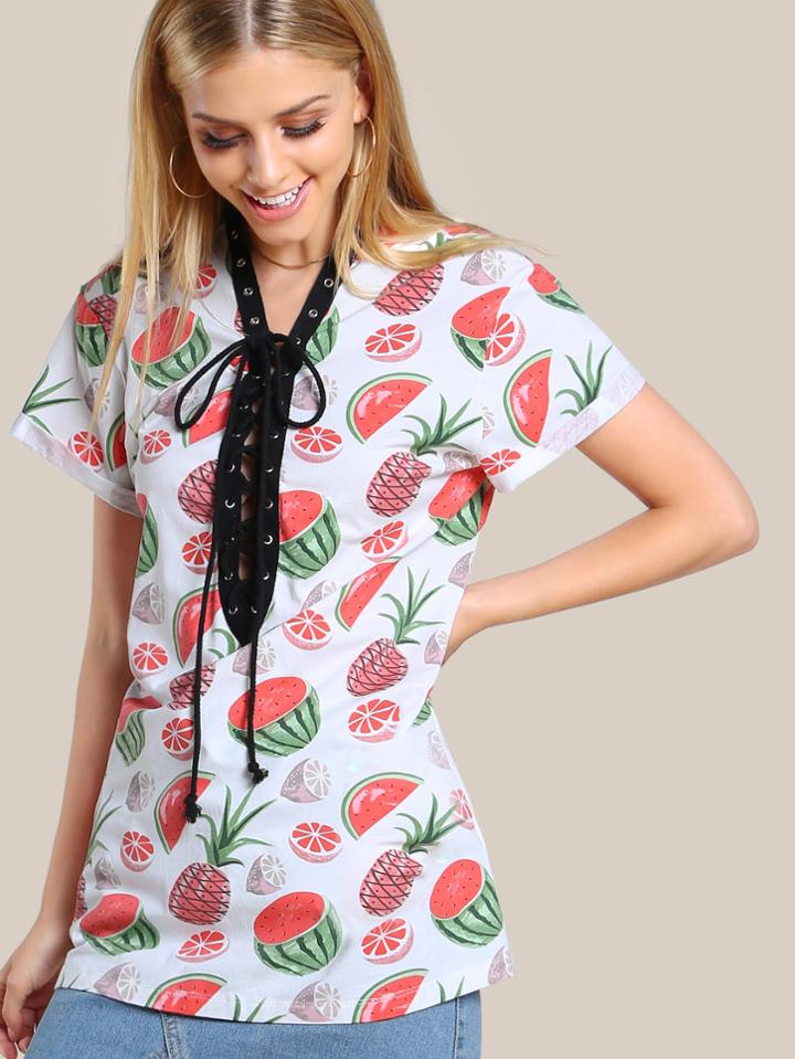 Shein Allover Fruit Print Lace Up Plunging Cuffed Sleeve Dress