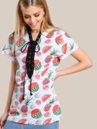 Shein Allover Fruit Print Lace Up Plunging Cuffed Sleeve Dress