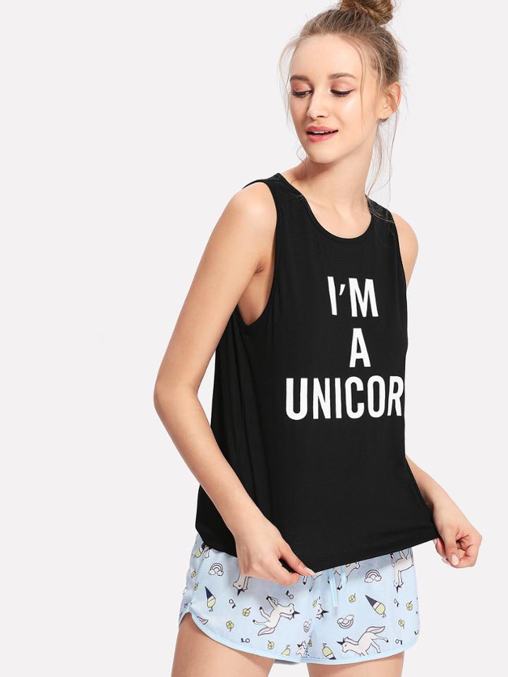 Shein Letter Print Tank Top & Drawstring Shorts Pj Set