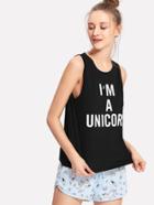 Shein Letter Print Tank Top & Drawstring Shorts Pj Set