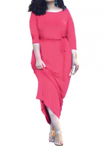 Rosewe Round Neck Watermelon Red Drawstring Waist Maxi Dress